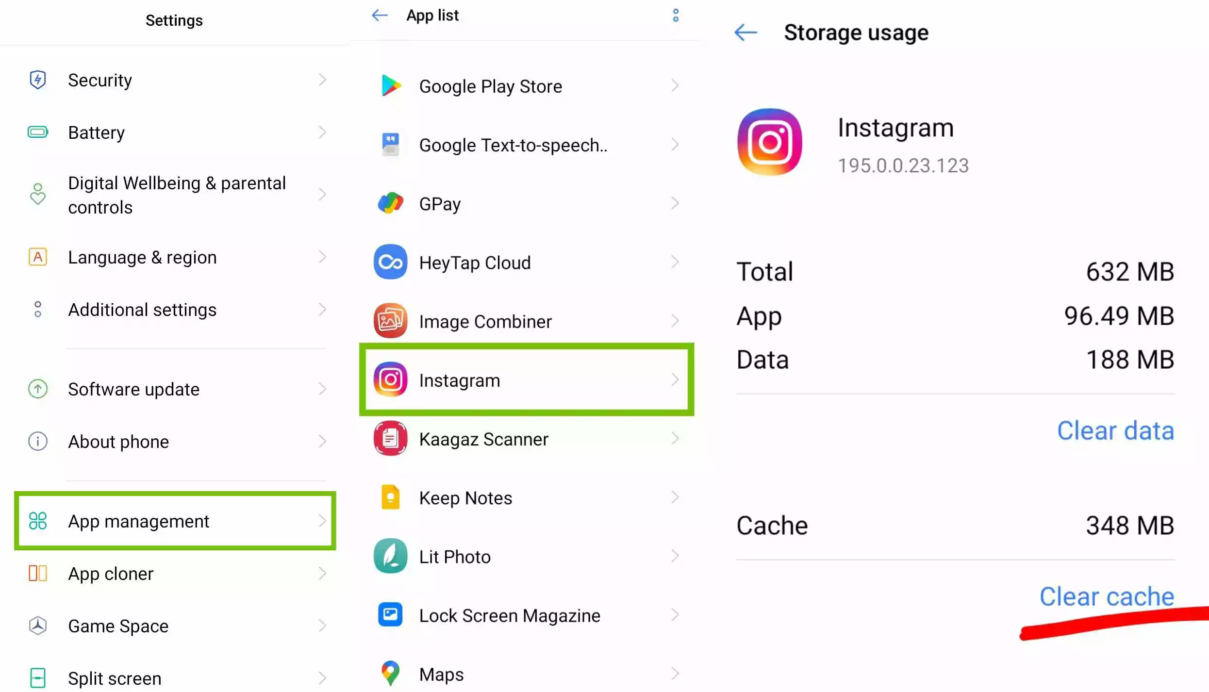 Here we are clearing cache of instagram using device settings