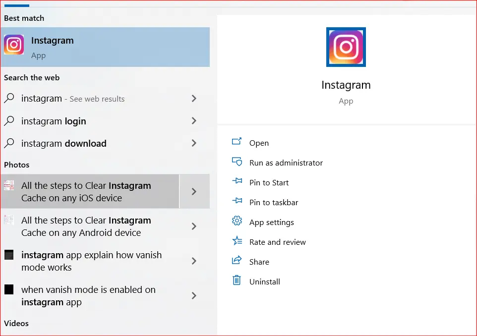 instagram app searched from windows start menu