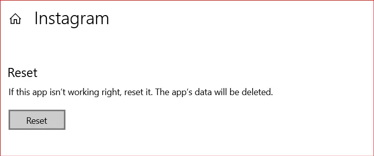 reset app cache data of instagram on windows