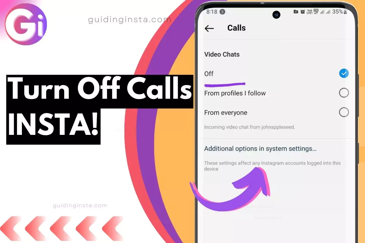 menu to turn off calls on instagram screenshot highlighted with overlay text