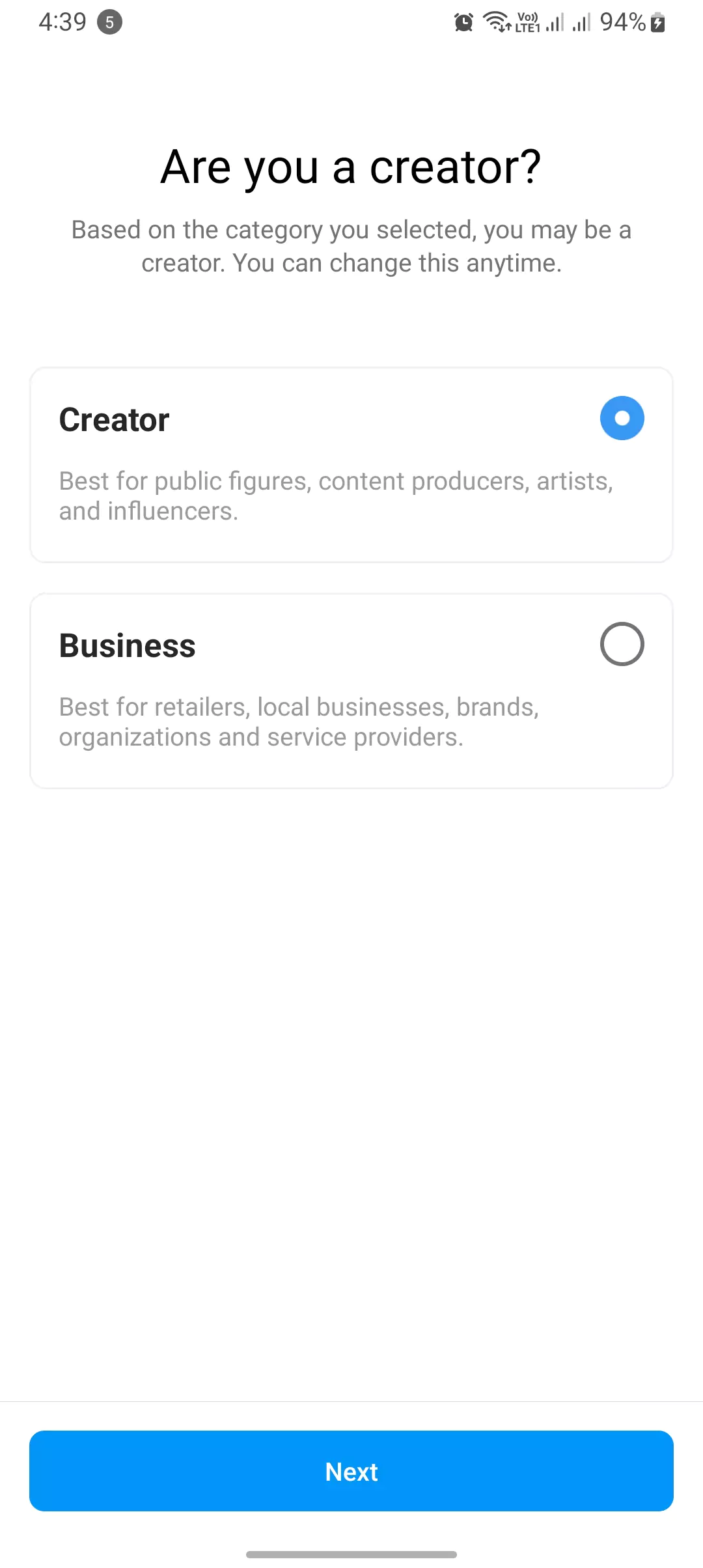 option to choose from business and creator account screenshot
