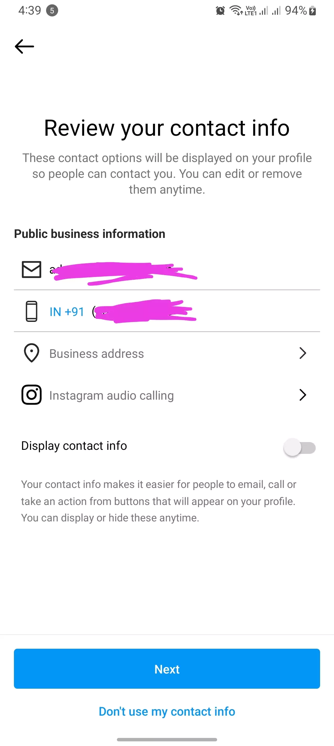 reviewing business account contact info screenshot