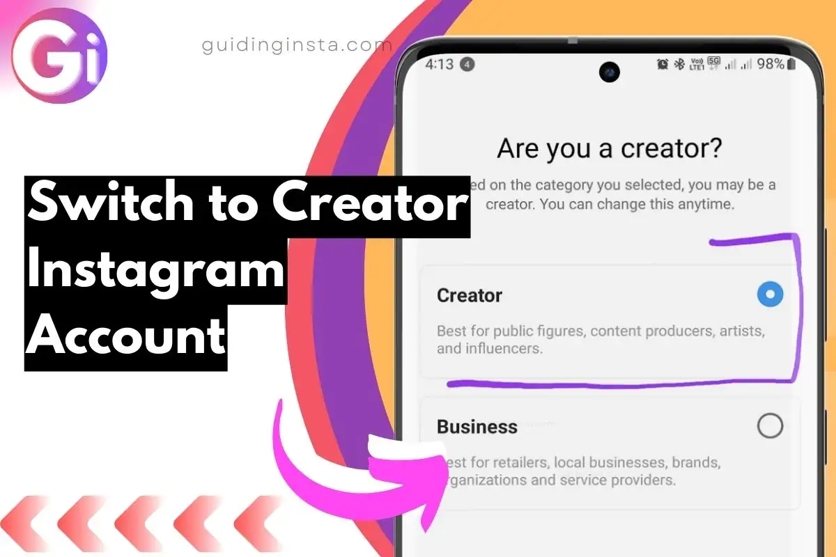 screenshot of creator account with overlay text how to switch to creator ig acc