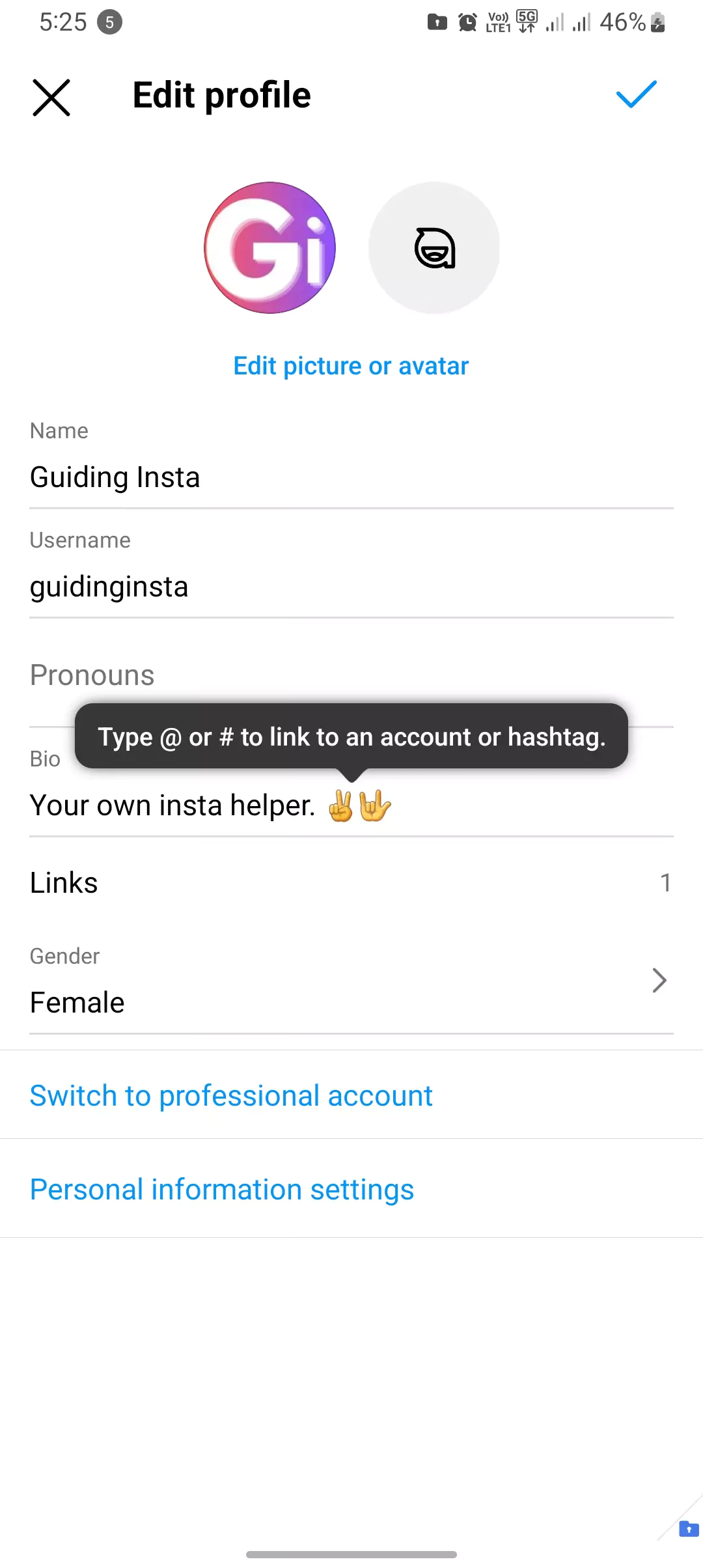 instagram edit profile menu highlighted