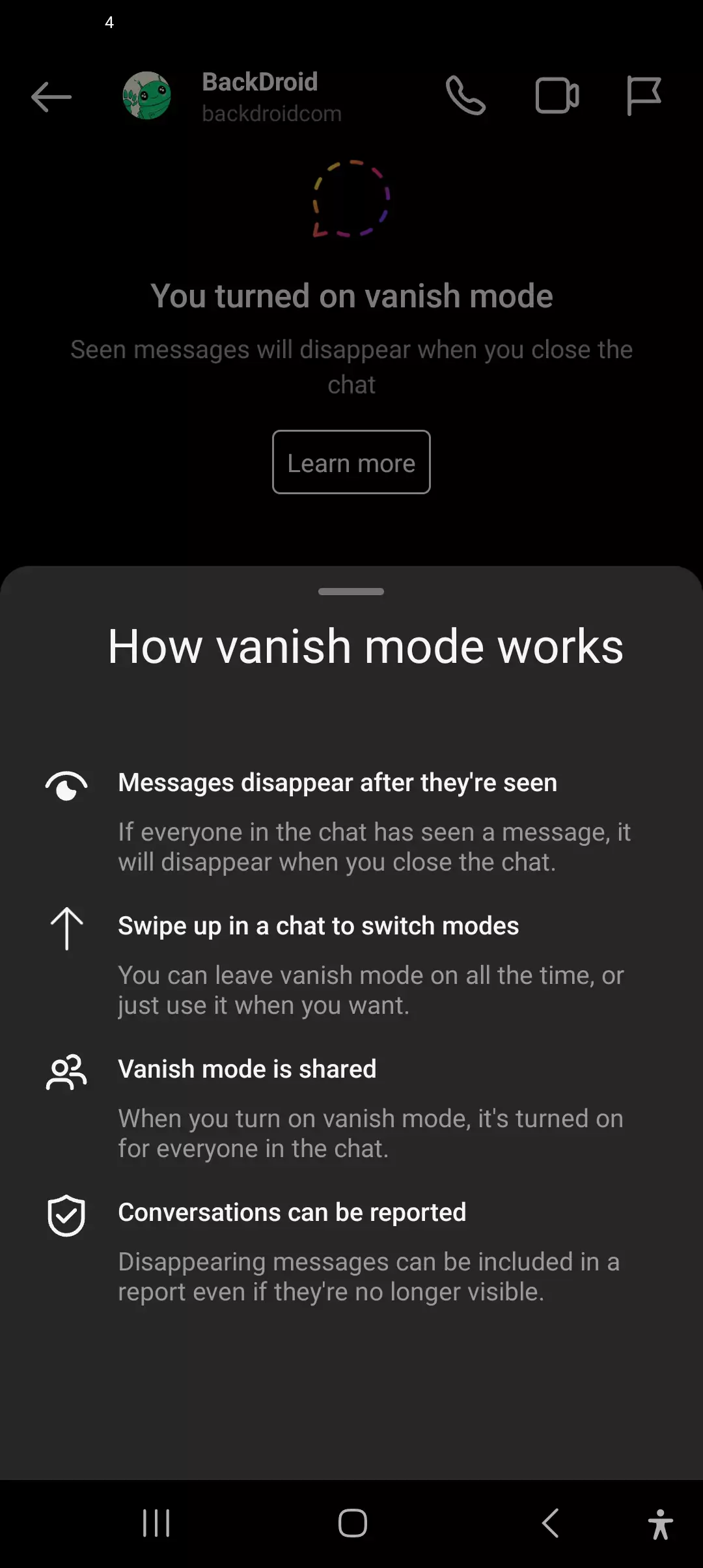 instagram app explain how vanish mode works