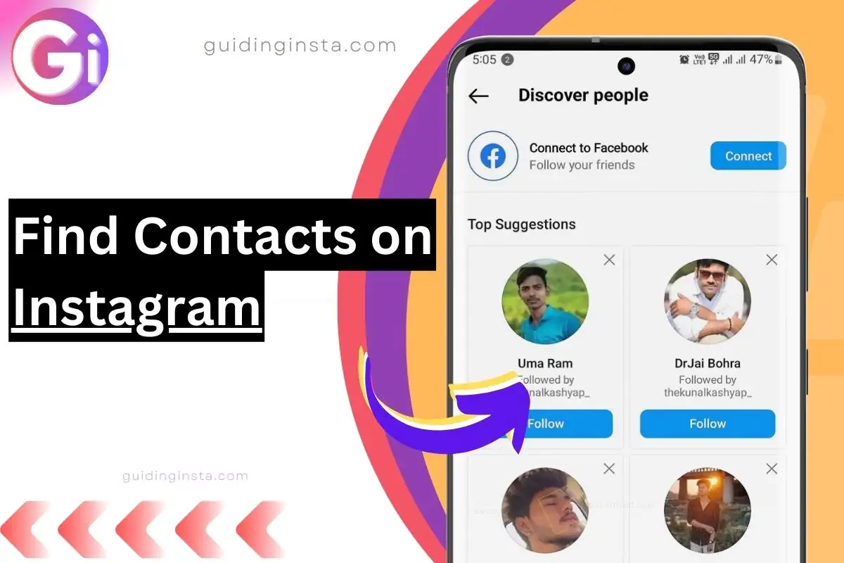 screenshot shows instagram contacts with overlay text, find contacts on IG