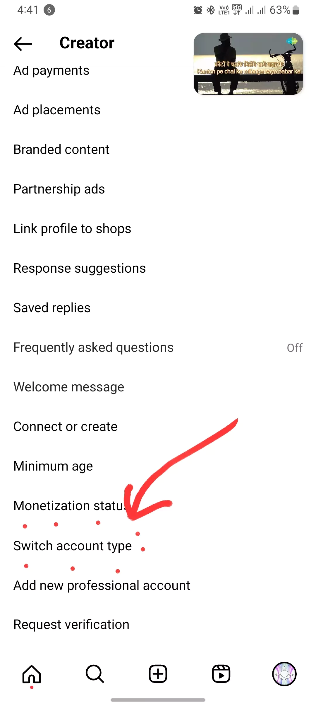 switch account type from instagram settings