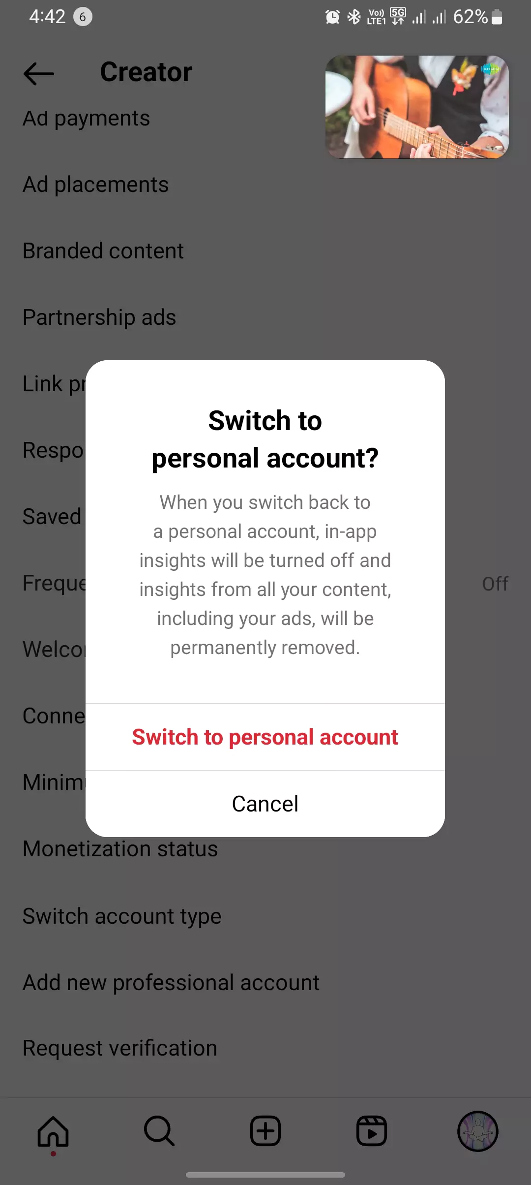 switching to personal account confirmation dialogue box