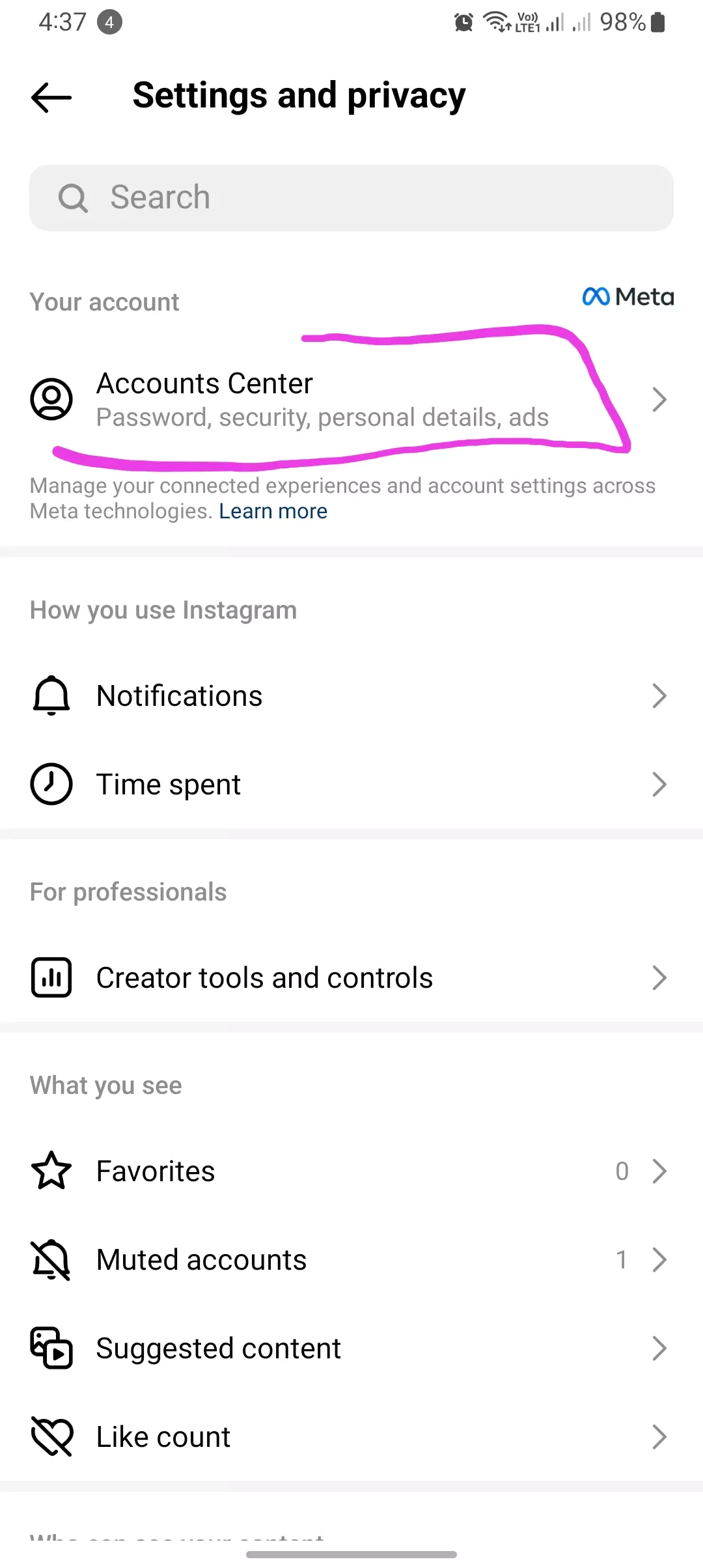 account center Instagram highlighted