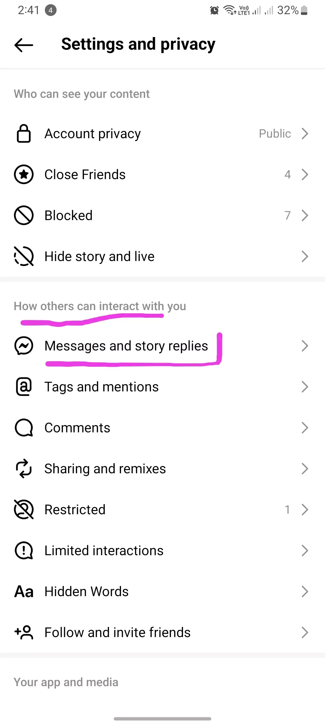 messages and replies highlighted from instagram settings screenshot