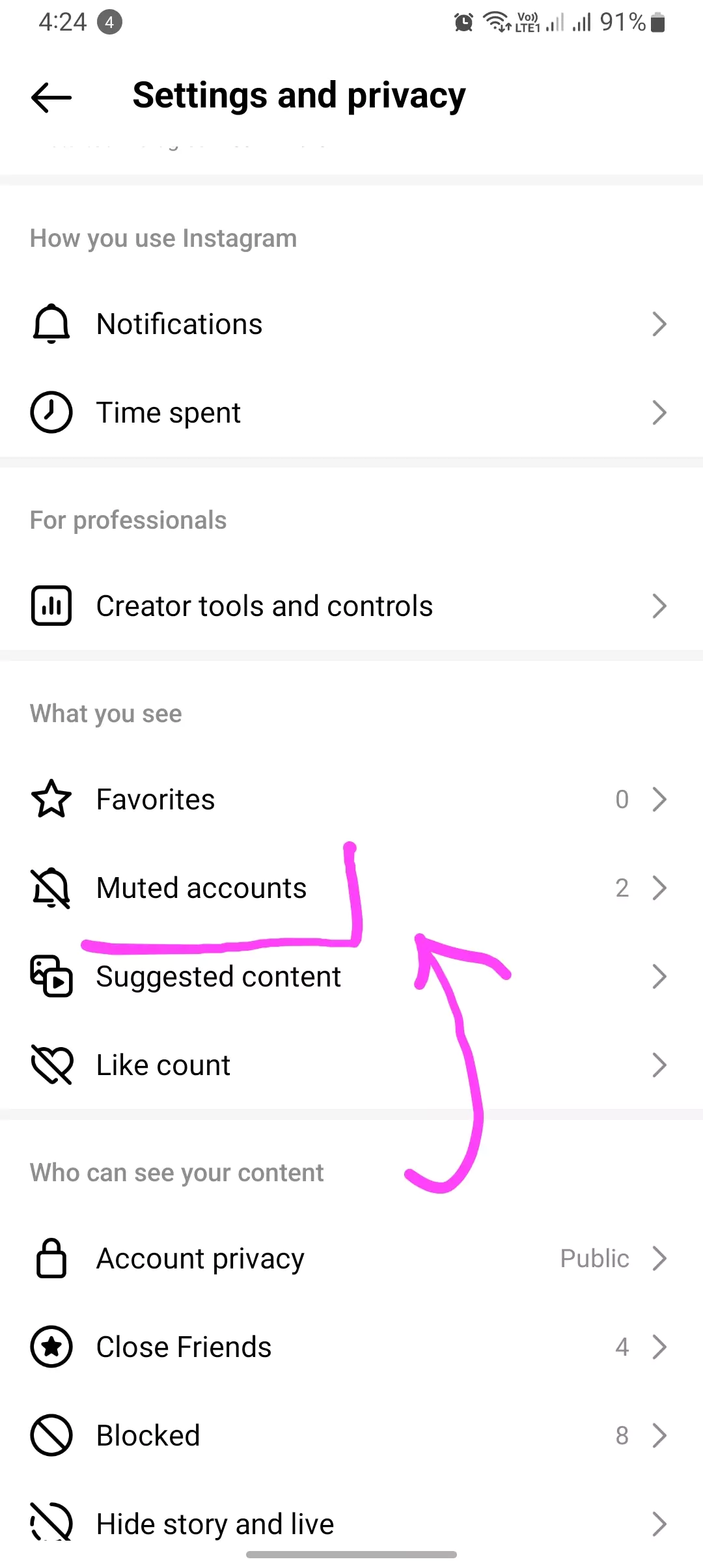 muted accounts highlighted on instagram app settings