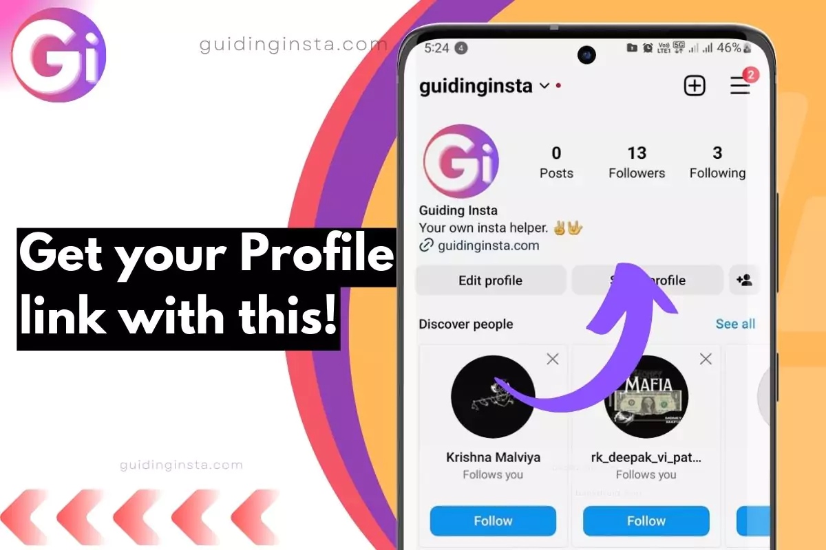 screenshot of instagram profile with overlay text get url