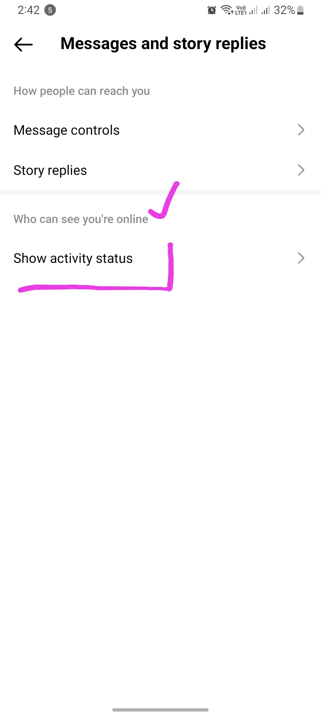 show activity status tab highlighted with menu