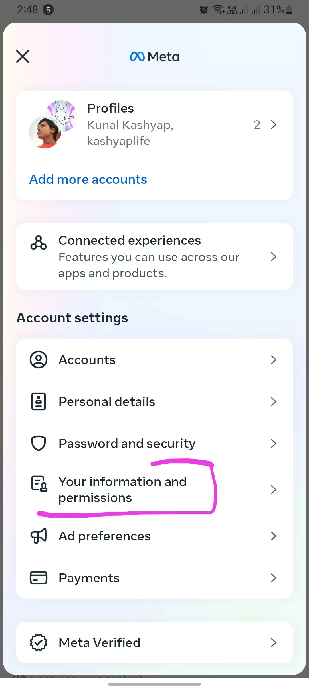your information and permission in account center