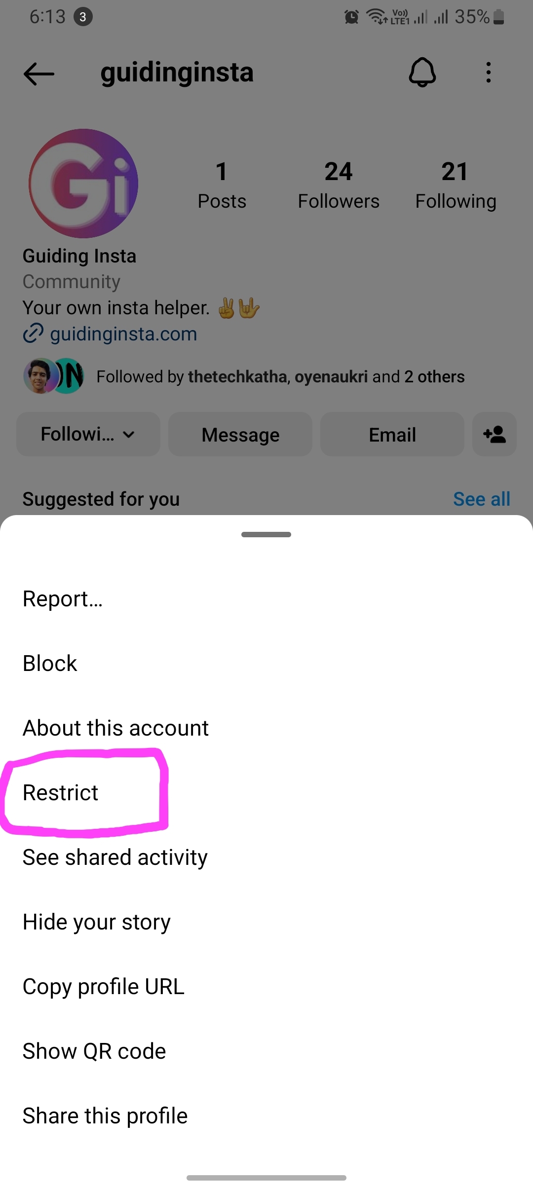 tap on info restrict on instagram
