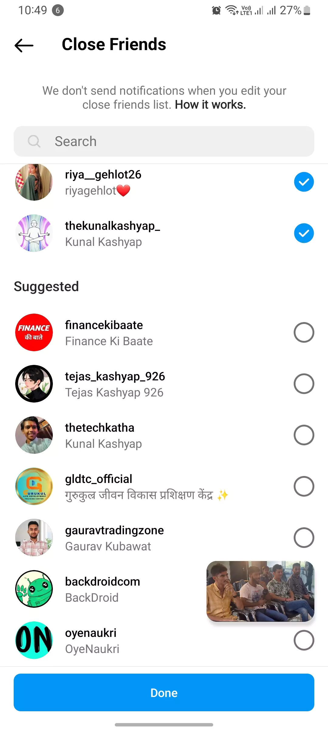 close friend list with the suggested people to add instagram screenshot