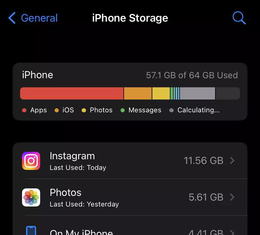 iphone storage with instagram 11 gb pf usage