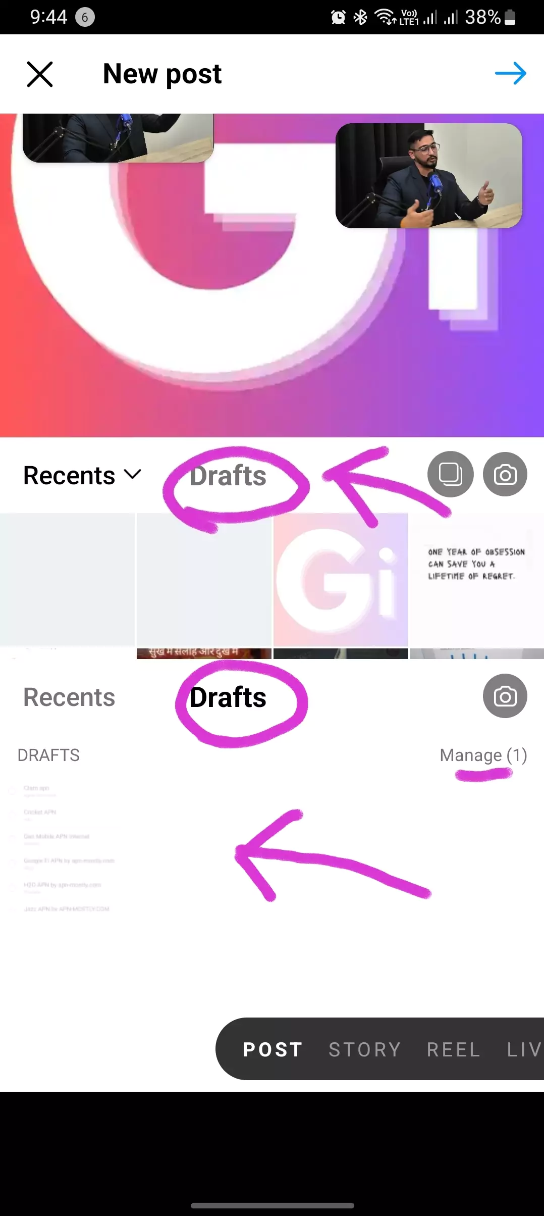 drafts opened for instagram posts