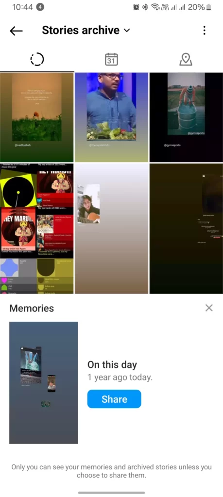 screenshot of instagram stories archive with on this day