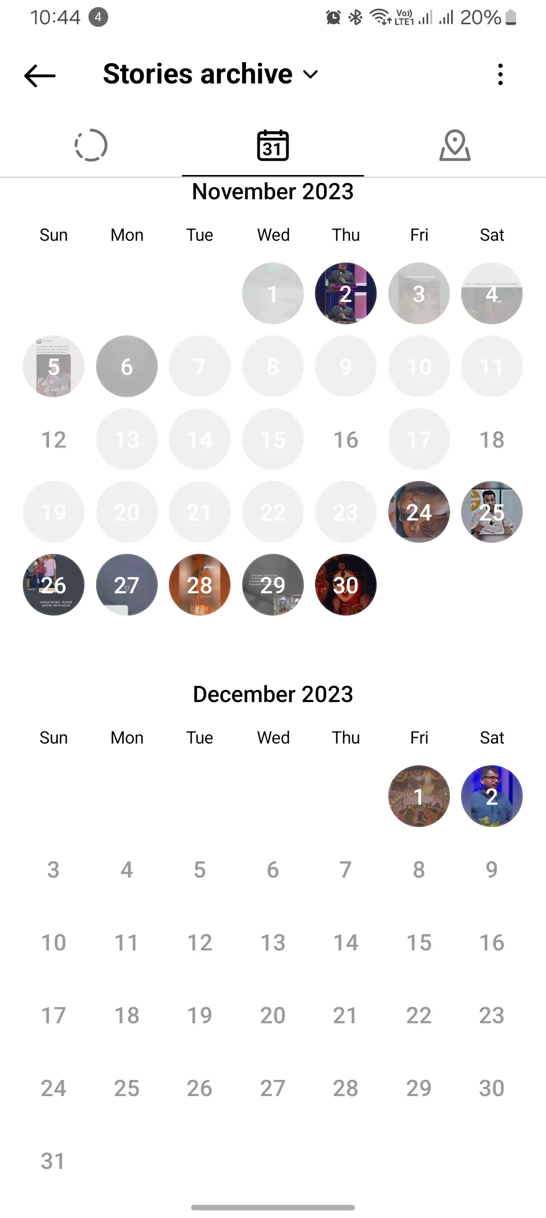 screenshot of calendar in stories archive