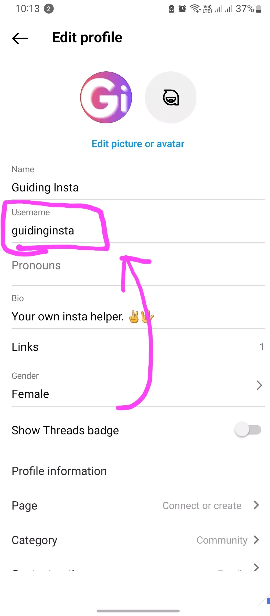 screenshot of highlighted username instagram guidinginsta