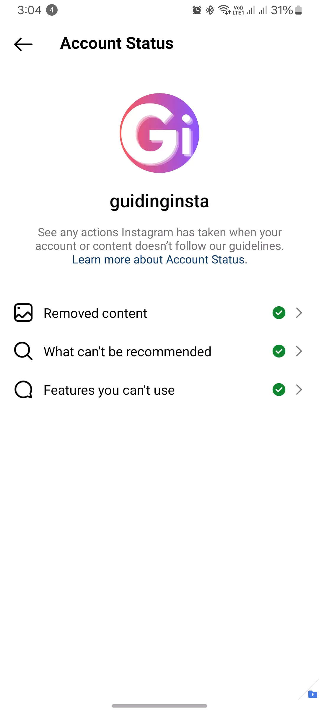 screenshot of account status page on instagram