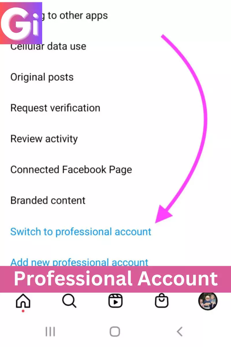 screenshot of switch to professional account with overlay text